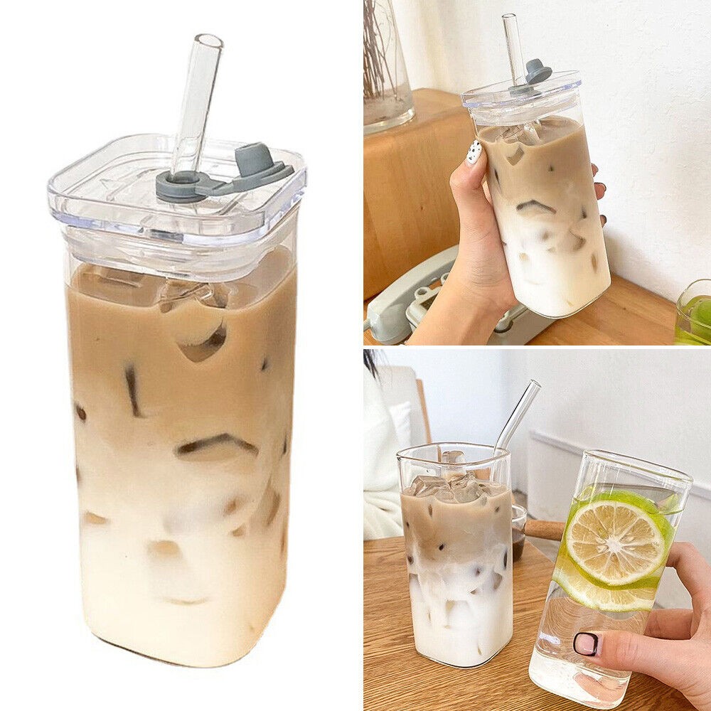 400ml Clear Glass Cup With Lid And Straw Transparent Milk Coffee Mug Tea Cup