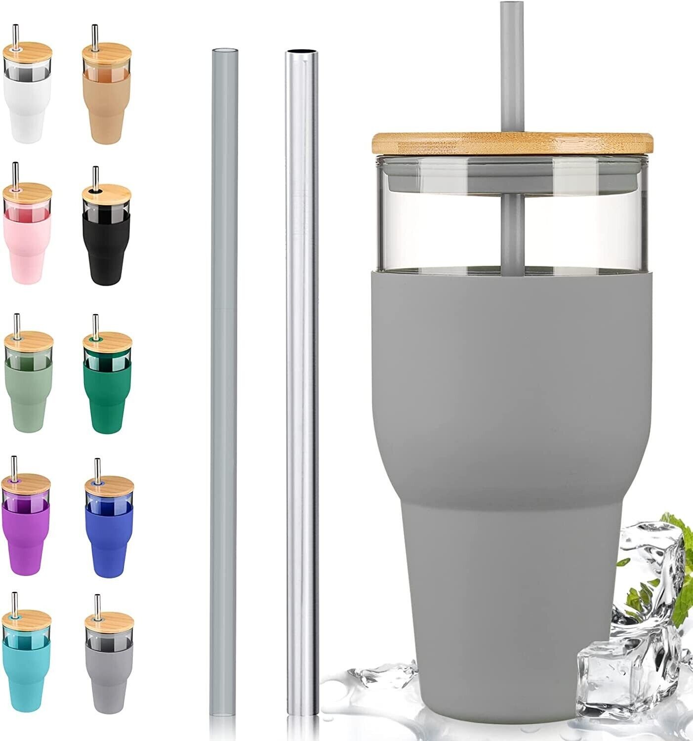 32oz Glass Tumbler with Straw and Lid, Reusable Boba Smoothie Cup (Gray)